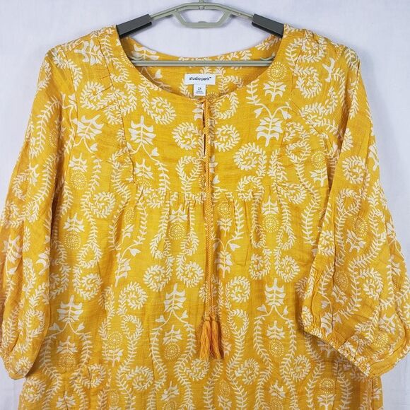 Studio Park Amy Stran Dress Womens 2X Yellow Textured Cotton Belted Lined Boho - Picture 4 of 16